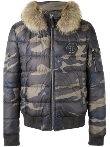 Racoon Fur Trim Puffer Jacket - Men - Polyester/racoon Fur - Xxl, Green, Polyester/racoon Fur, Philipp Plein