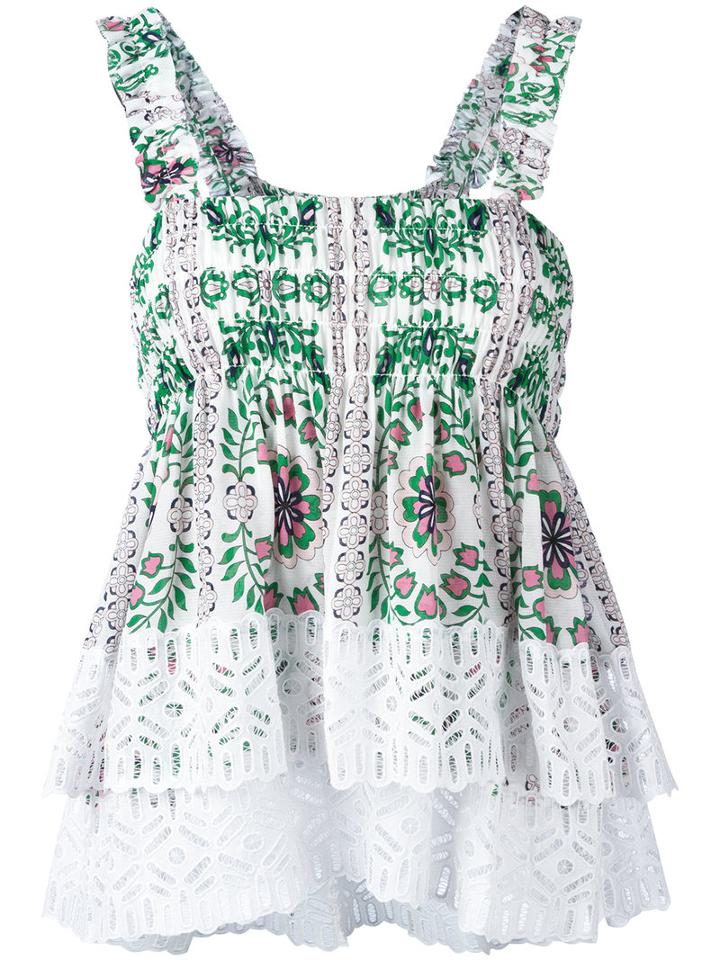 Tory Burch - Floral Print Pleated Top - Women - Silk/cotton - 6, White, Silk/cotton
