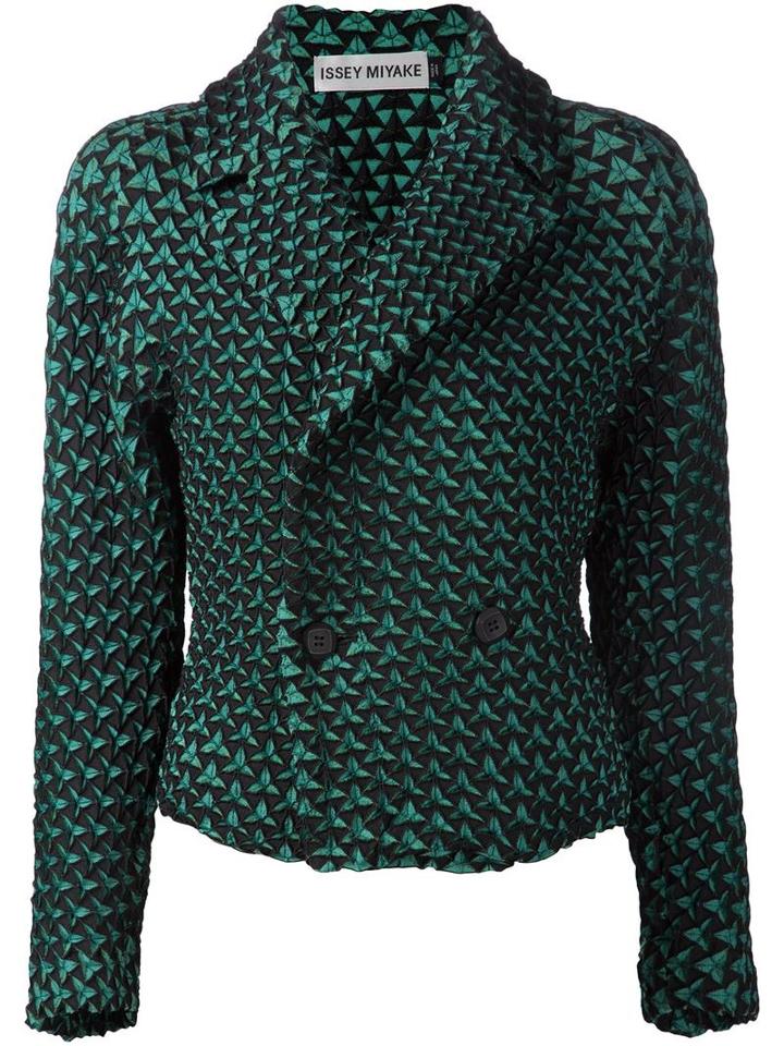 Issey Miyake Geometric Pattern Double Breasted Jacket, Women's, Size: 3, Green, Polyester/polyurethane