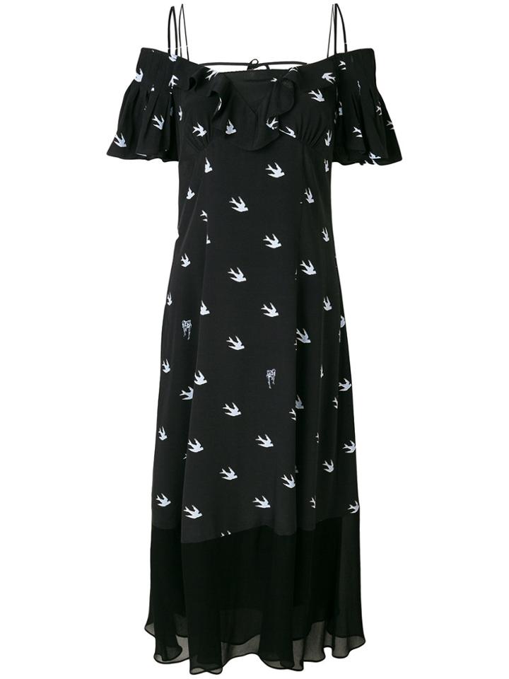 Mcq Alexander Mcqueen Off-the-shoulder Swallow-print Maxi Dress -