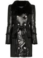 Balmain Double Breasted Shearling Lined Leather Coat - Black