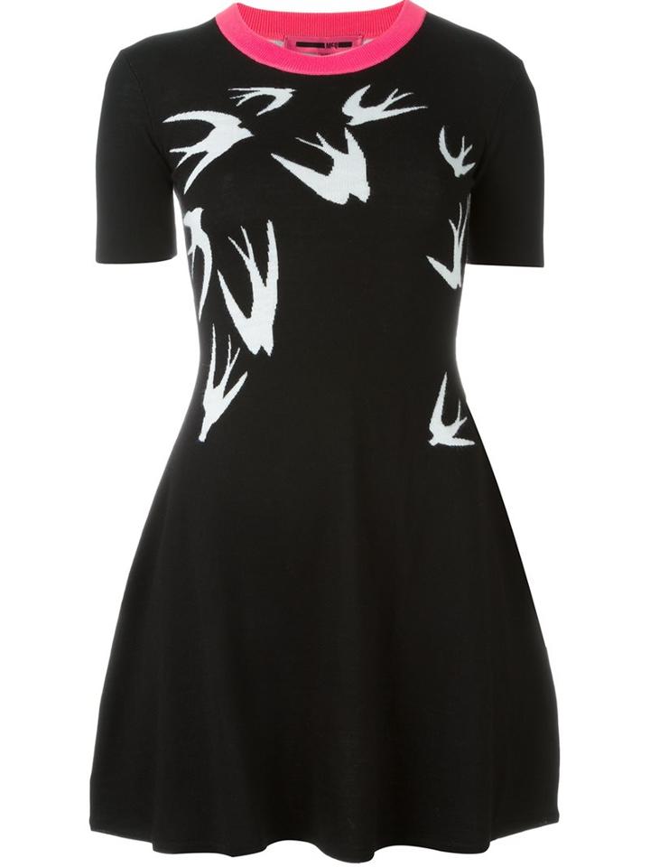 Mcq Alexander Mcqueen Swallow Intarsia Skater Dress, Women's, Size: Xxs, Black, Polyester/wool