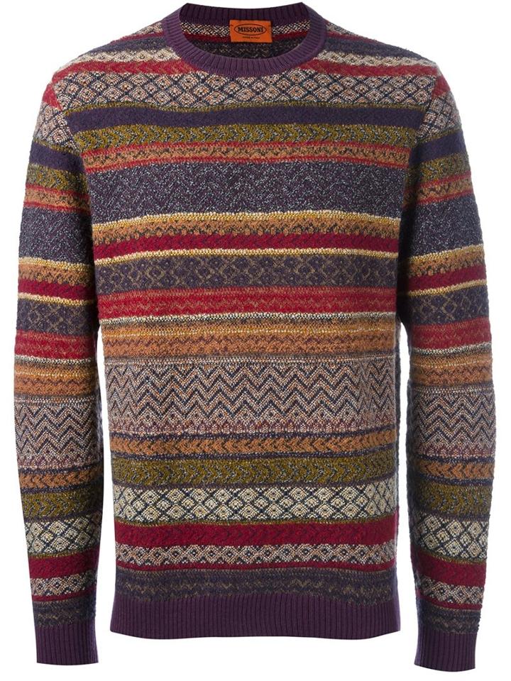Missoni Striped Crew Neck Pullover, Men's, Size: 50, Nylon/camel Hair/wool/alpaca