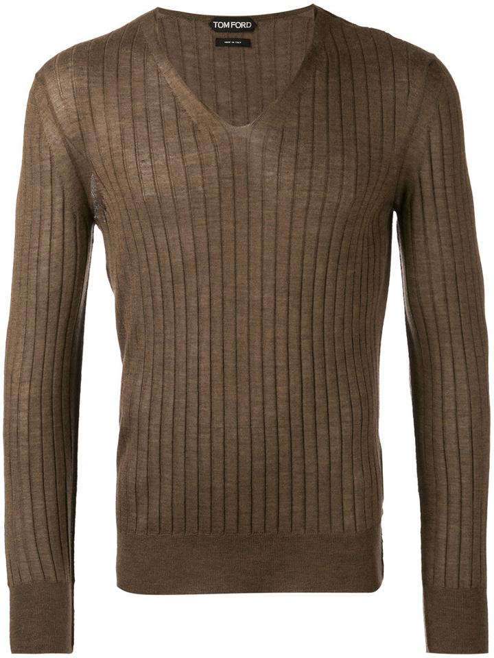 Tom Ford Ribbed V-neck Jumper, Men's, Size: 52, Brown, Silk/cashmere