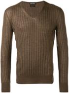 Tom Ford Ribbed V-neck Jumper, Men's, Size: 52, Brown, Silk/cashmere