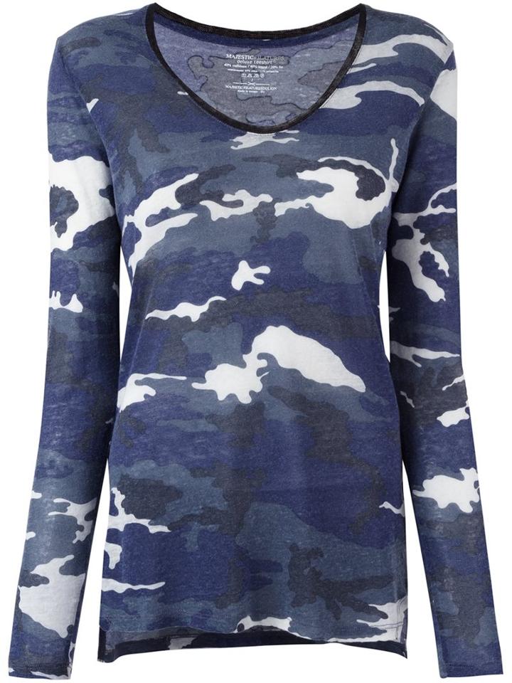 Majestic Filatures Camouflage Scoop Neck Jumper, Women's, Size: 3, Blue, Cotton/linen/flax/polyamide/tencel