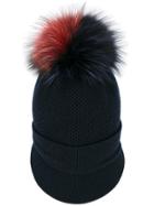Inverni Fox Fur Pom Pom Visor Beanie - Blue