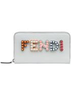 Fendi Grey Logo Studded Zip Around Leather Wallet