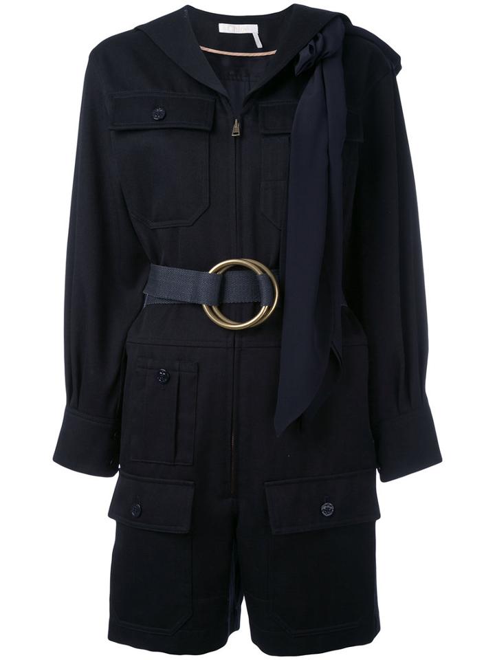 Chloé - Belted Pocket Playsuit - Women - Virgin Wool/cotton/silk/brass - 34, Blue, Virgin Wool/cotton/silk/brass