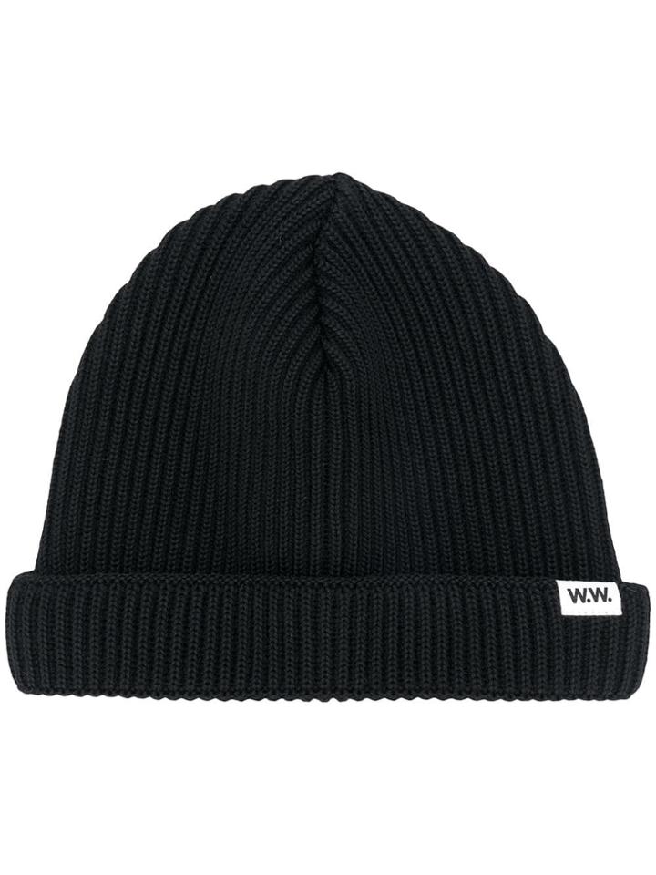 Wood Wood Ribbed Logo Patch Beanie - Black