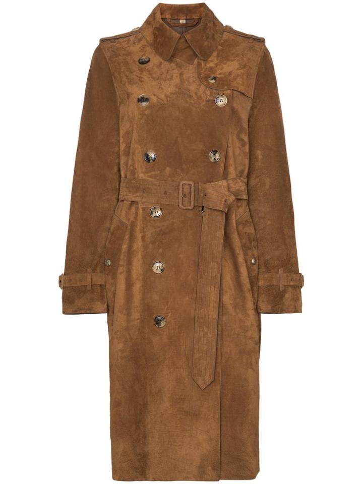 Burberry Double-breasted Suede Trench Coat - Brown