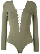 T By Alexander Wang Lace-front Long Sleeve Bodysuit, Women's, Size: Small, Green, Spandex/elastane/modal