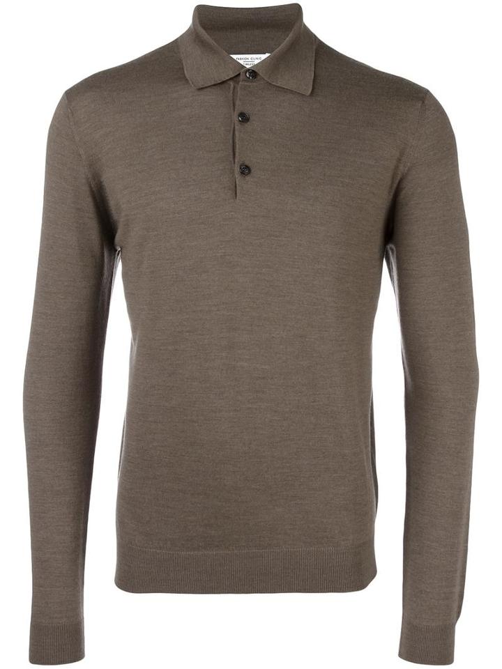 Fashion Clinic Long Sleeved Knitted Polo Shirt, Men's, Size: 52, Brown, Wool