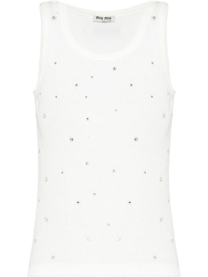 Miu Miu Jersey Tank Top With Rhinestones - White