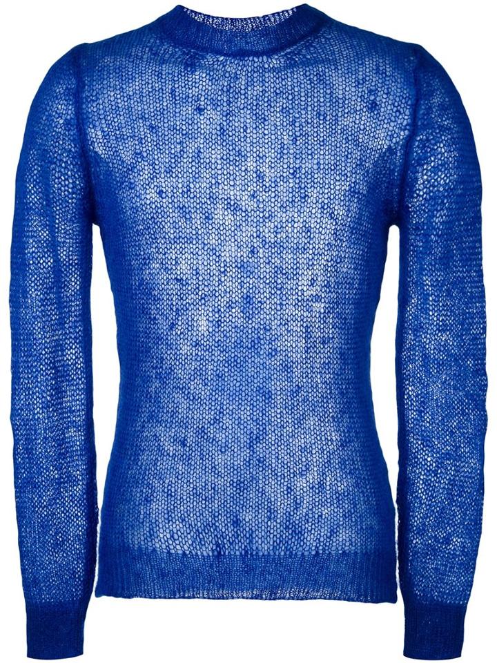 Walter Van Beirendonck Crew Neck Jumper, Men's, Size: Large, Blue, Silk/cashmere