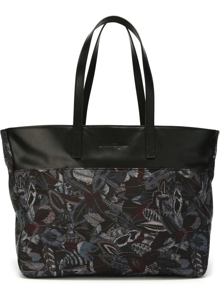 Salvatore Ferragamo Feather Print Tote, Men's, Black, Leather/polyamide