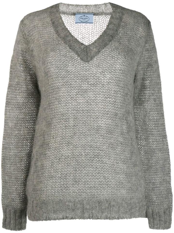 Prada Mohair V-neck Cable Knit Top - Grey
