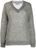 Prada Mohair V-neck Cable Knit Top - Grey