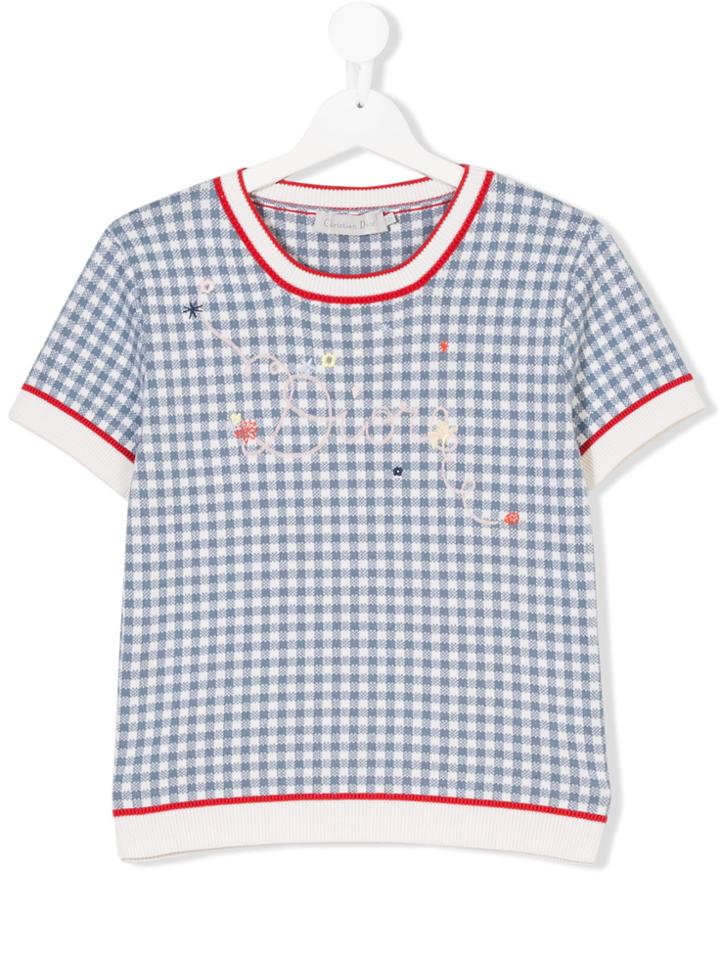 Baby Dior Teen Logo Embroidered Checkered Top - White