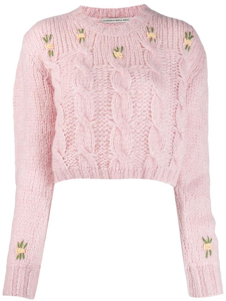 Alessandra Rich Cropped Cable Knit Jumper - Pink