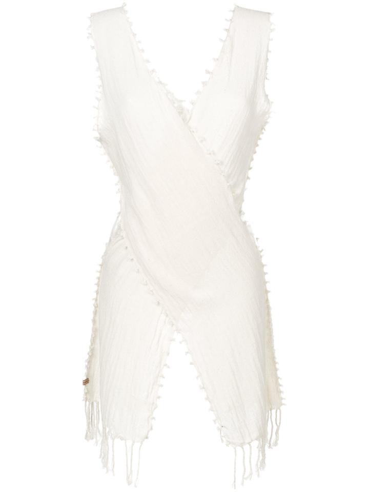 Caravana Cross Wrap Top Dress With Fringe - White