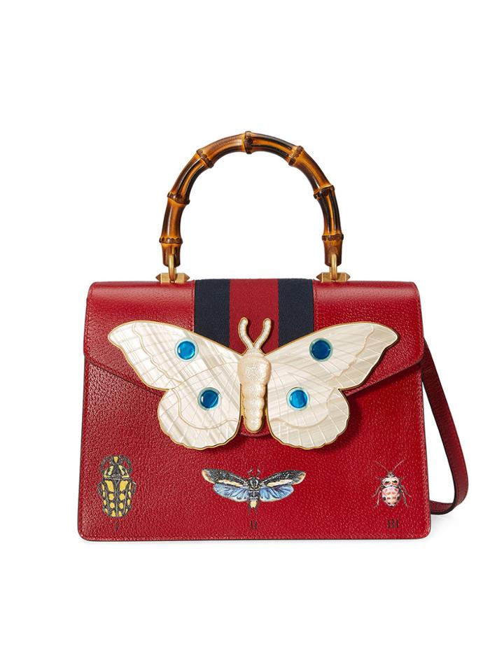 Gucci Leather Top Handle Bag With Moth - Red