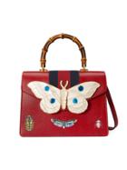 Gucci Leather Top Handle Bag With Moth - Red