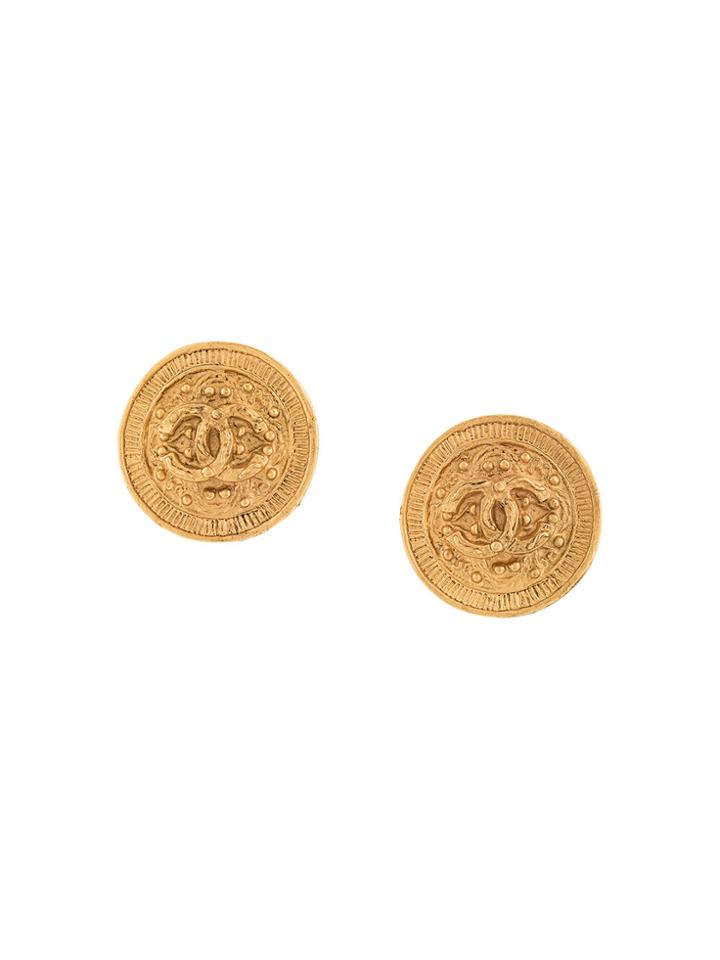 Chanel Vintage Embossed Logo Round Earrings - Metallic