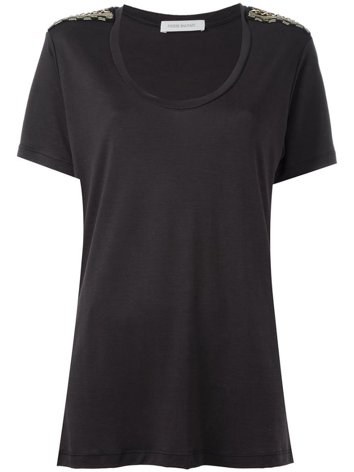 Pierre Balmain Embellished Shoulders T-shirt, Women's, Size: 40, Black, Lyocell