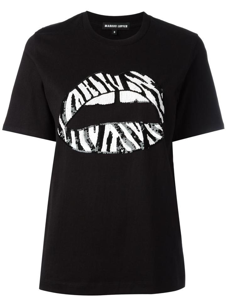 Markus Lupfer Sequinned Lips T-shirt, Women's, Size: Large, Black, Cotton