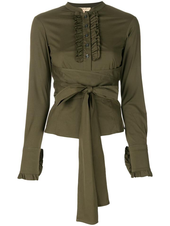 Romeo Gigli Vintage Ruffled Trim Belted Shirt - Green
