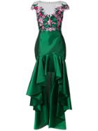 Marchesa Notte Embroidered Floral High Low Gown - Green