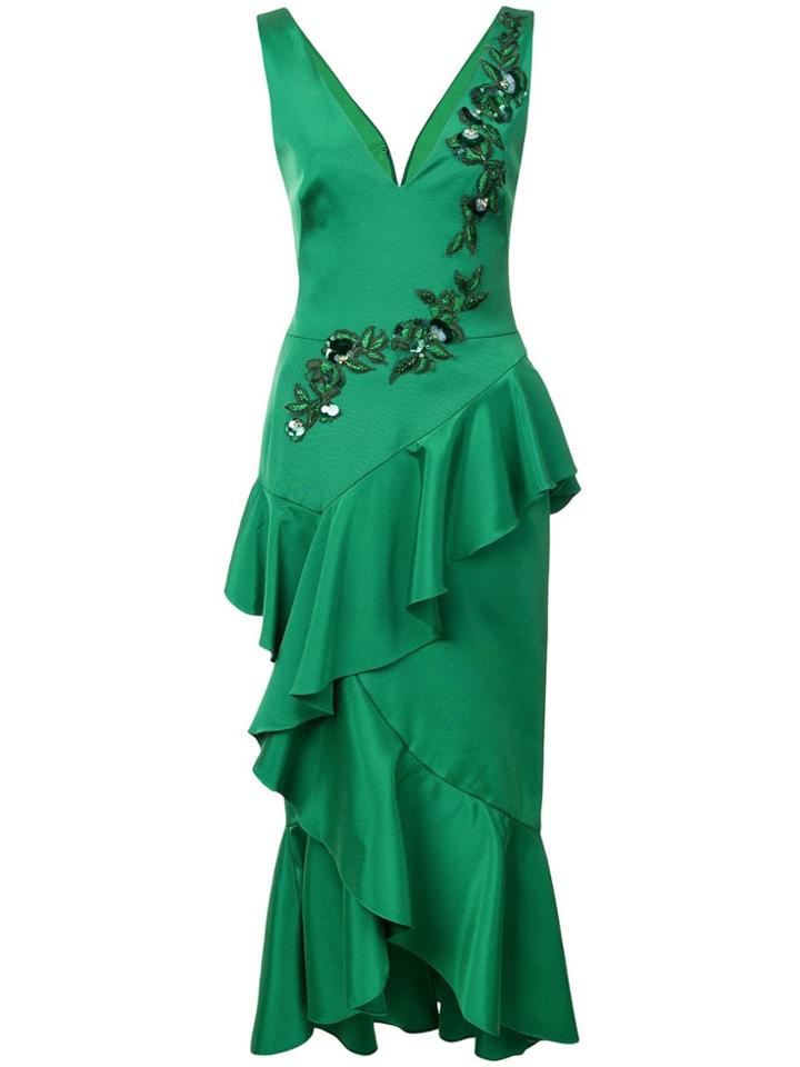 Marchesa Notte Embroidered Midi Dress - Green