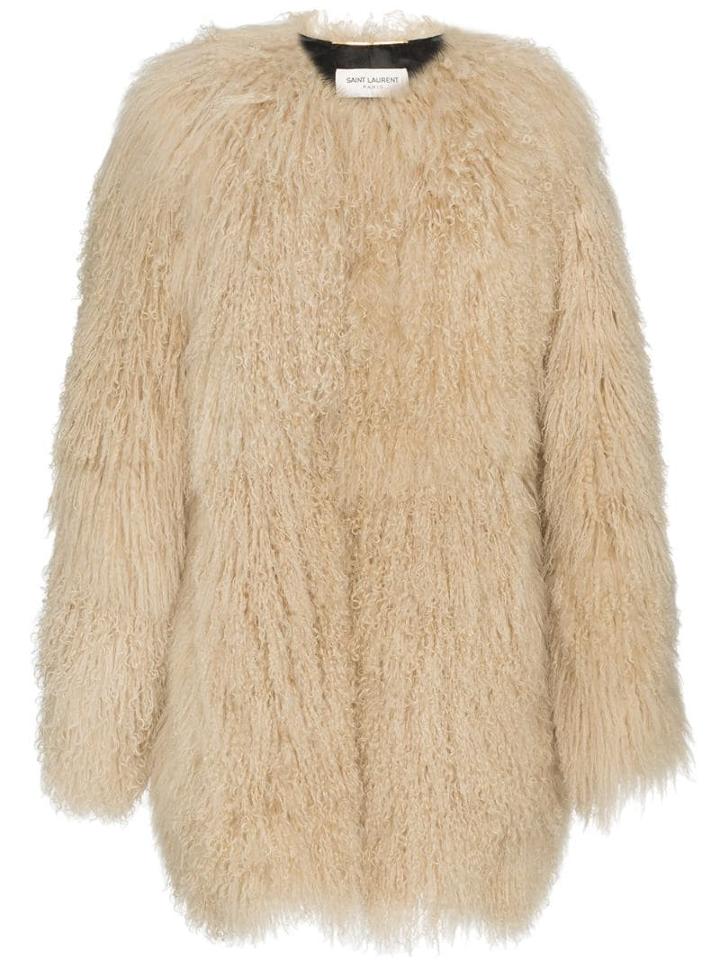 Saint Laurent Oversized Mongolian Lamb Fur Coat - Neutrals