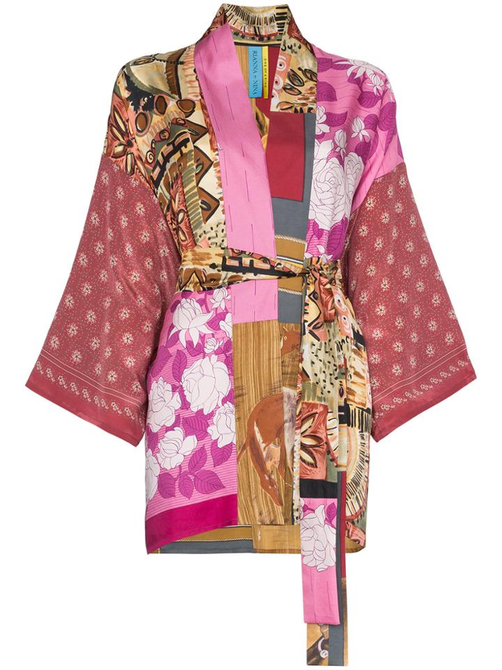 Rianna + Nina Short Multi Floral Horse Print Silk Kimono Robe -