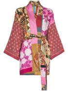 Rianna + Nina Short Multi Floral Horse Print Silk Kimono Robe -