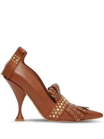 Burberry Studded Kiltie Fringe Leather Point-toe Pumps - Brown