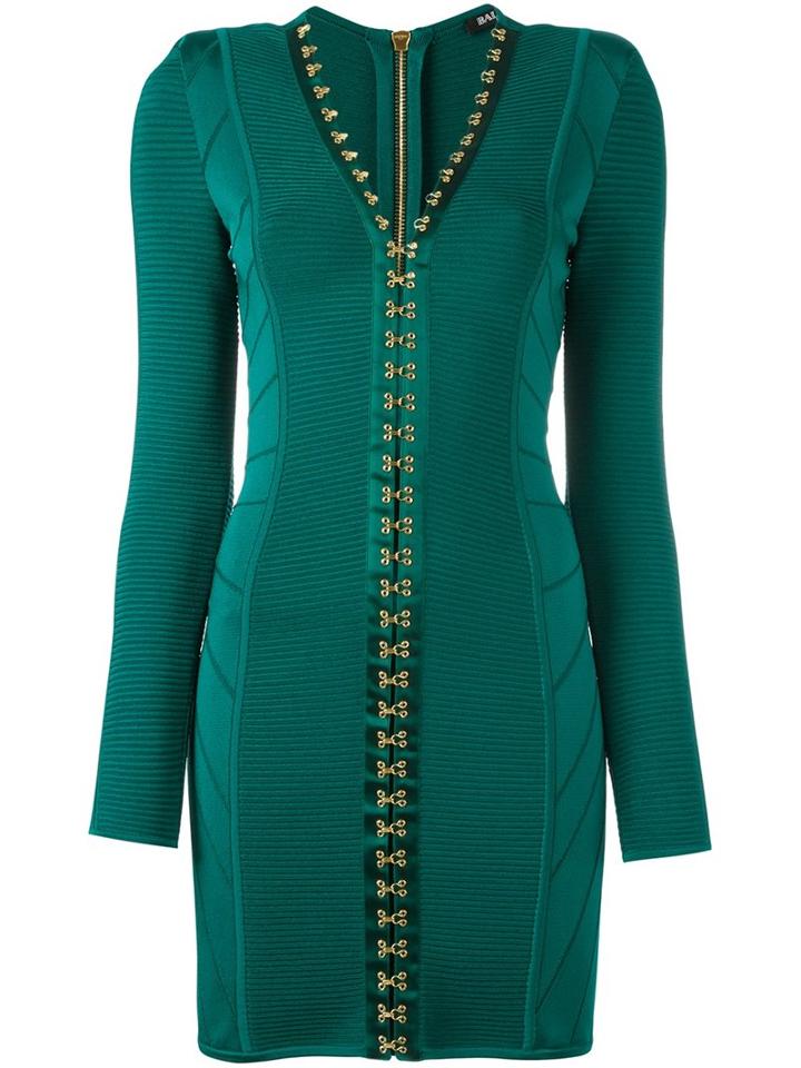 Balmain Fitted Hook Fasten Dress, Women's, Size: 36, Green, Polyamide/spandex/elastane/viscose