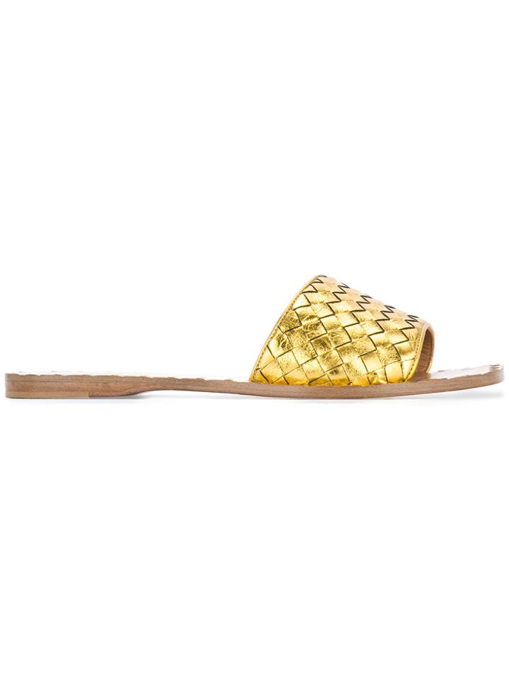 Bottega Veneta Oro Antico Intrecciato Calf Ravello Sandals - Metallic