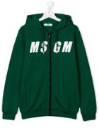 Msgm Kids Teen Logo Print Full-zip Hoodie - Green