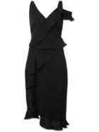 Three Floor Ruffled V-neck Midi Dress - Black