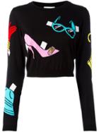 Moschino Fashion Print Cropped Jumper, Women's, Size: 42, Black, Cotton