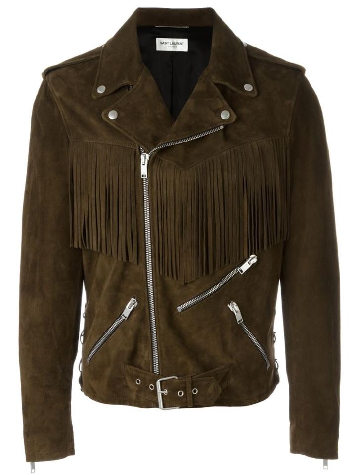 Saint Laurent Fringed Motorcycle Jacket, Men's, Size: 48, Brown, Cotton/cupro/goat Suede