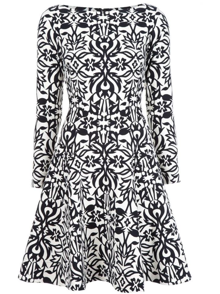 Lela Rose Printed Flared Skater Dress, Women's, Size: 6, Black, Cotton/polyester/spandex/elastane