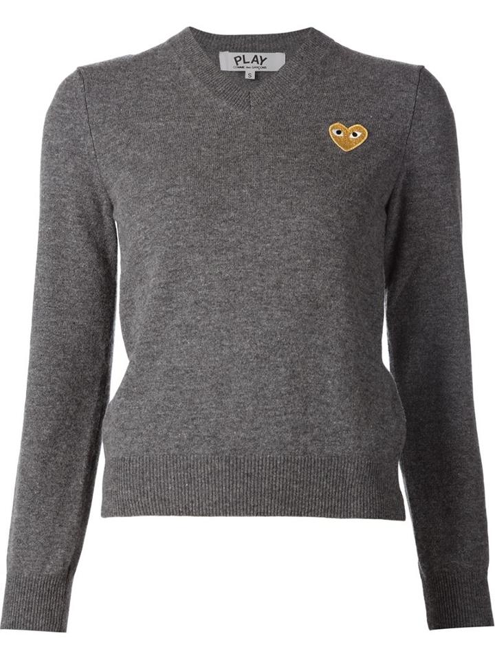 Comme Des Garçons Play Embroidered Heart V-neck Jumper, Women's, Size: Medium, Grey, Wool