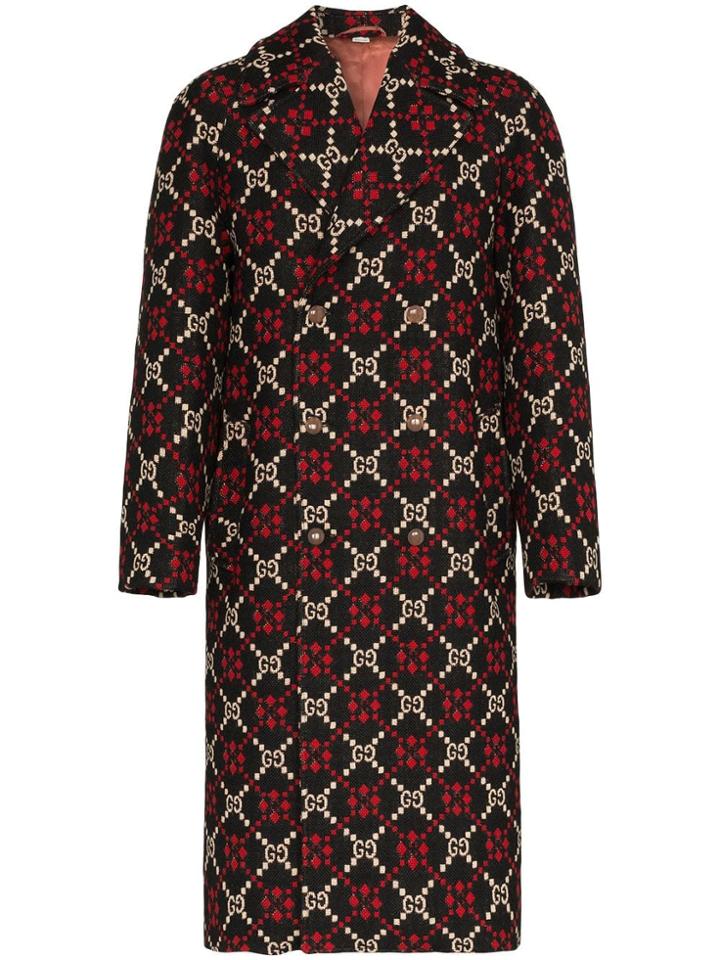 Gucci Double-breasted Logo Wool Coat - Black