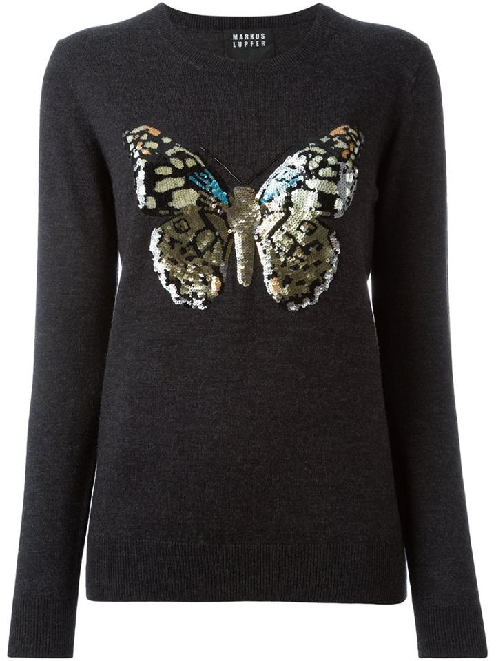 Markus Lupfer Sequin Butterfly Sweater, Women's, Size: Small, Grey, Merino