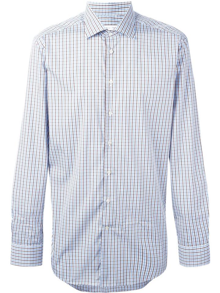 Etro Checked Button Down Shirt, Men's, Size: 40, Blue, Cotton/polyamide/spandex/elastane