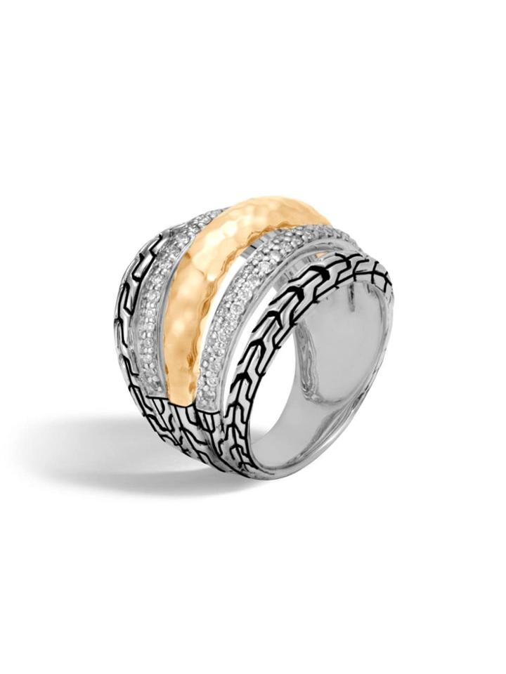 John Hardy 18k Yellow Gold, Silver And Diamond Pave Classic Chain Ring