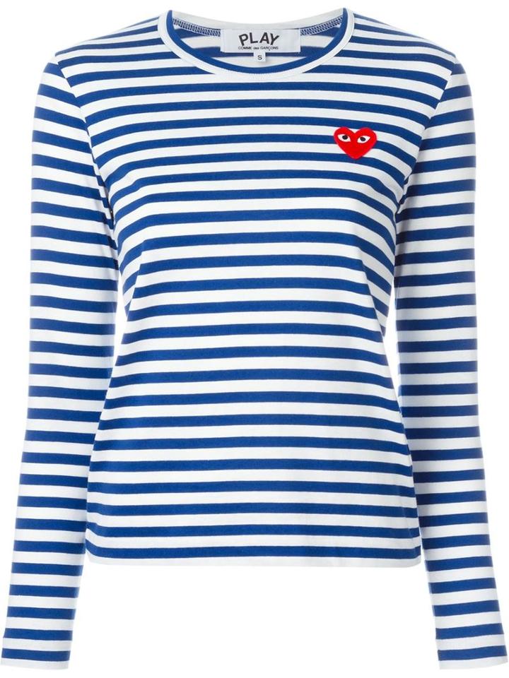 Comme Des Garçons Play Embroidered Heart Striped T-shirt, Women's, Size: Small, Blue, Cotton